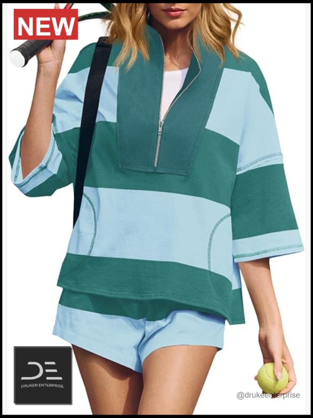 Striped 2 Piece Set Quarter Zip Top High Waist Shorts Workout Lounge Set